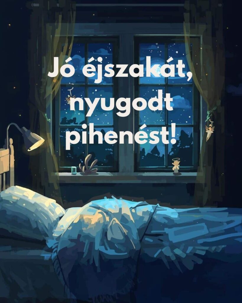 Esti üzenet Jó éjszakát, nyugodt pihenést felirat, esti szoba, vetett ágy, az ablakon a függöny nincs behúzva, csillagos ég látszik