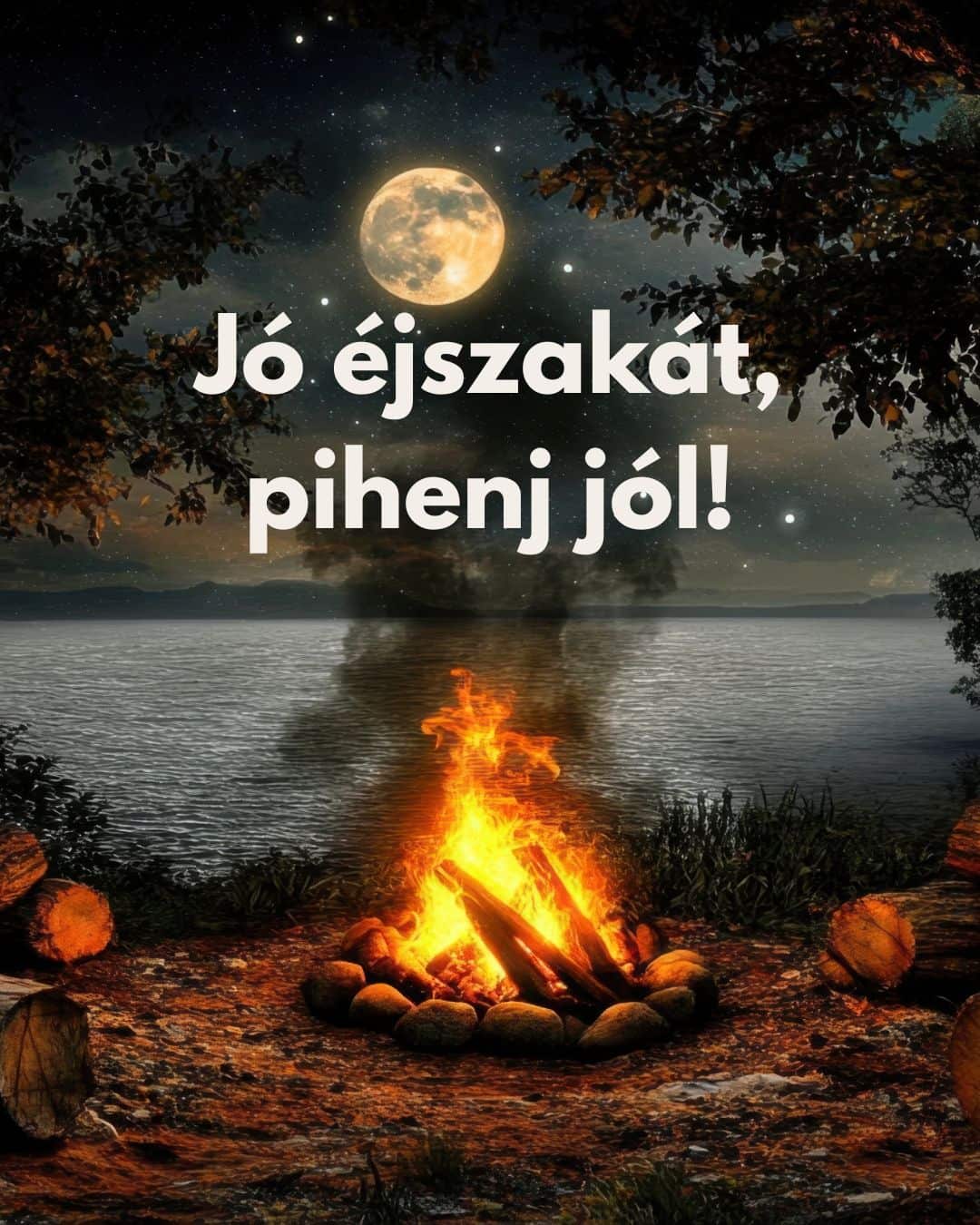 jó éjszakát üzenet Jó éjszakát, pihenj jól felirattal, telihold a háttérben, tábortűz a folyóparton