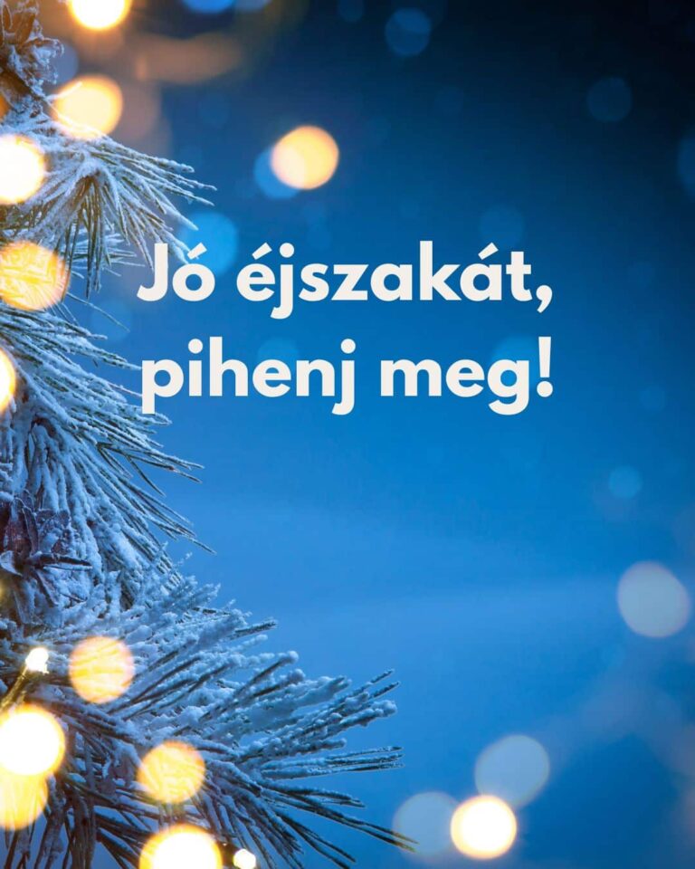 Jó éjszakát, pihenj meg feliratú képeslap, havas fenyőág, fények