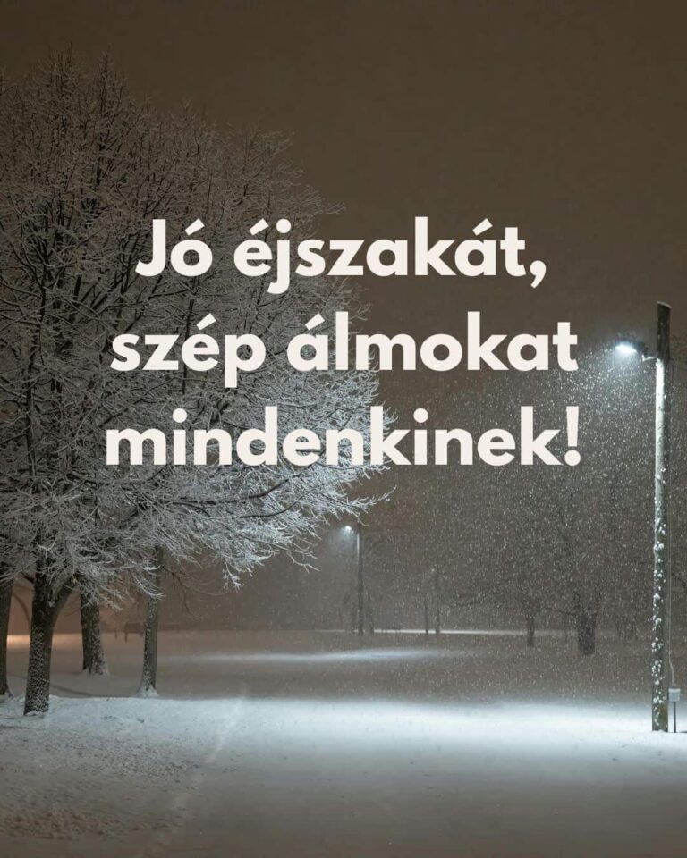 Jó éjszakát, szép álmokat mindenkinek felirat, esti városi táj fákkal, sűrű hóesés