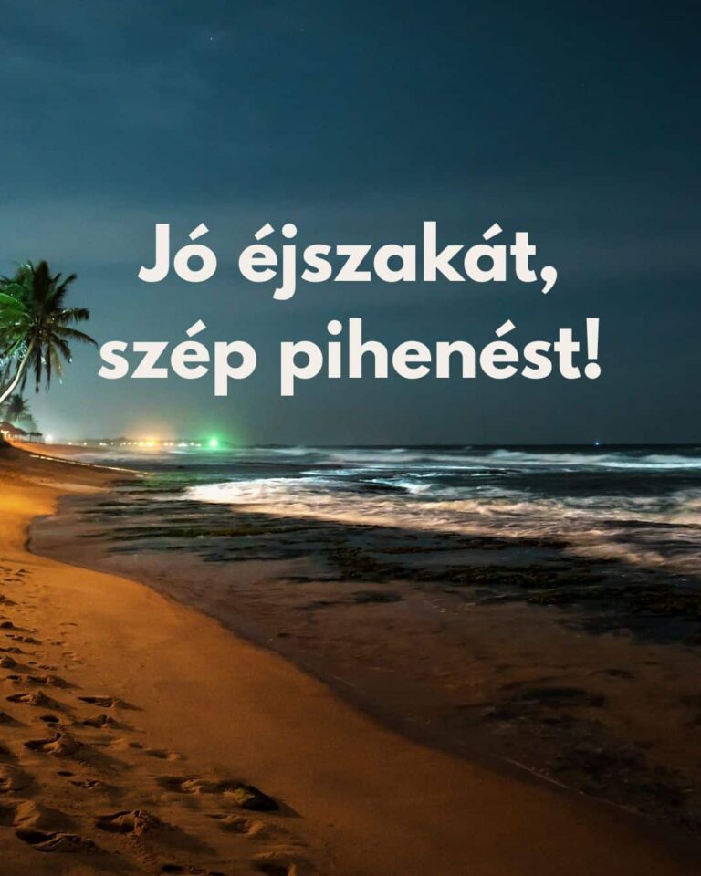 Jó éjszakát, szép pihenést feliratú kép, háttérben esti tájkép, hullámzó tenger