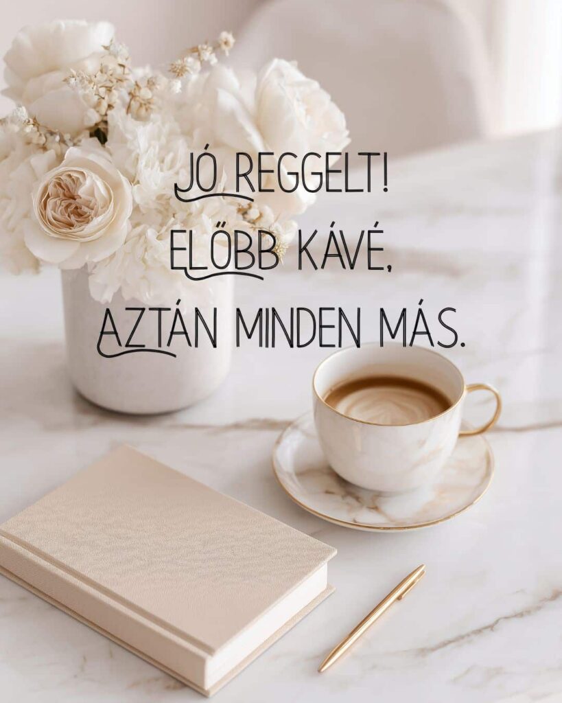 Vicces jó reggelt kép, előbb kávé, aztán minden más felirattal. Elegáns háttér, márványasztal, egy csésze kávé, határidőnapló, toll és vázában egy csokor fehér virág.