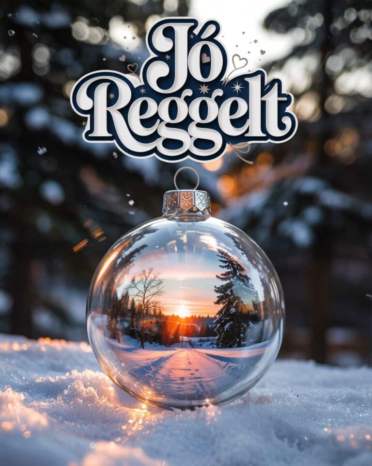 Varázslatos gyönyörű téli táj, üveggömb, napnyugta vagy hajnal, havas jó reggelt felirat