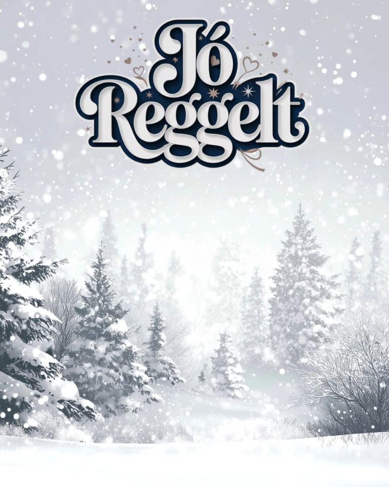 Téli reggel havas jó reggelt üzenettel, hóesés