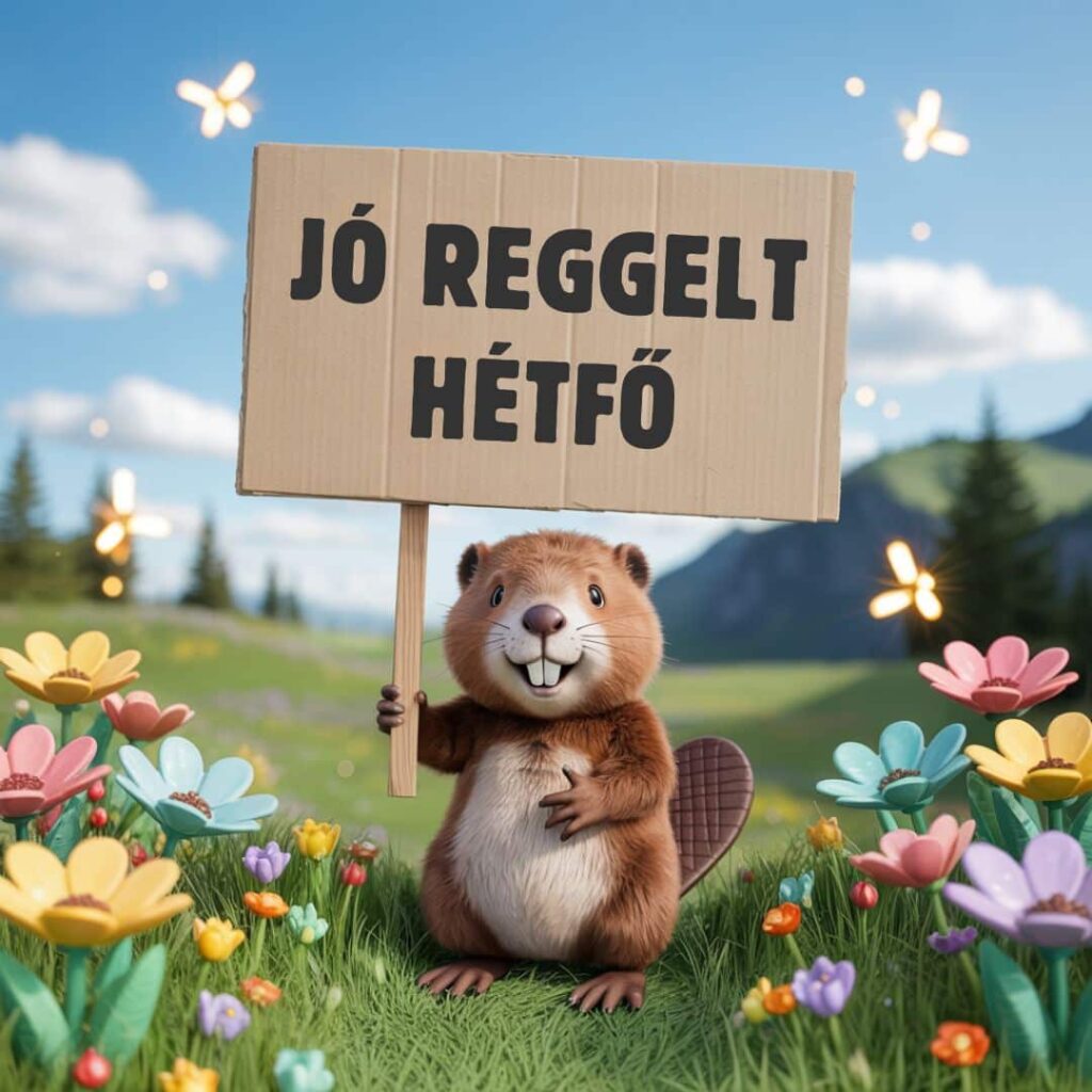 Cuki hód jó reggelt hétfő felirattal, vidám hétindító kép