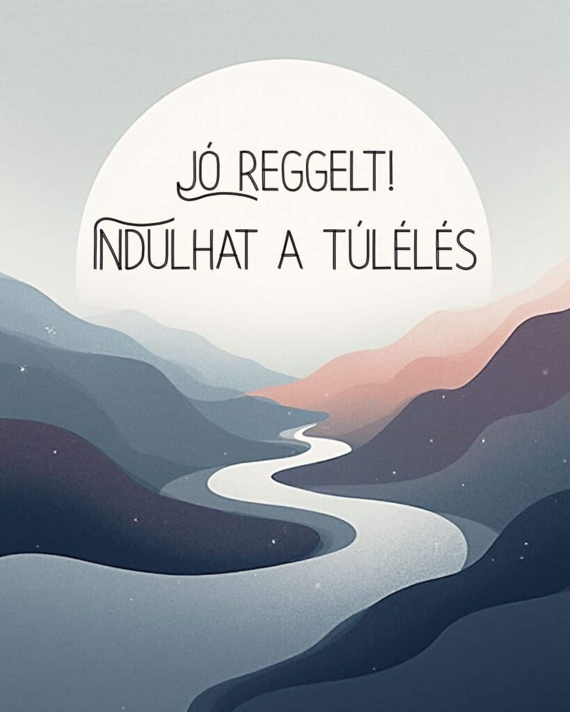 Vicces jó reggelt kép indulhat a túlélés felirattal. A háttér rajz, völgyben kanyargó folyó.