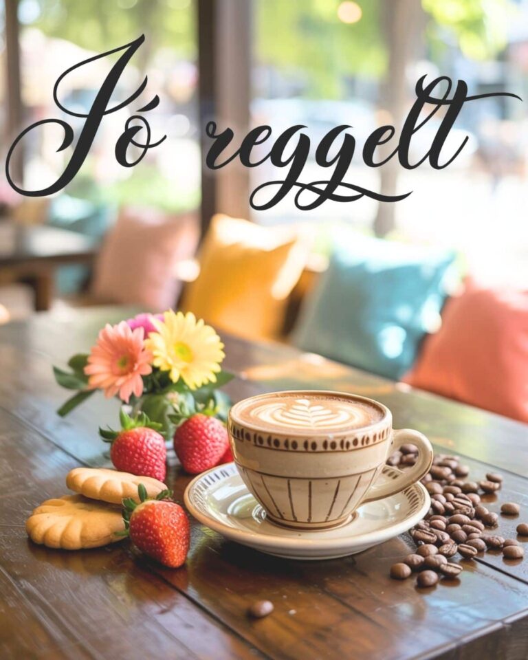 kávés reggeli teraszon gyümölcsökkel