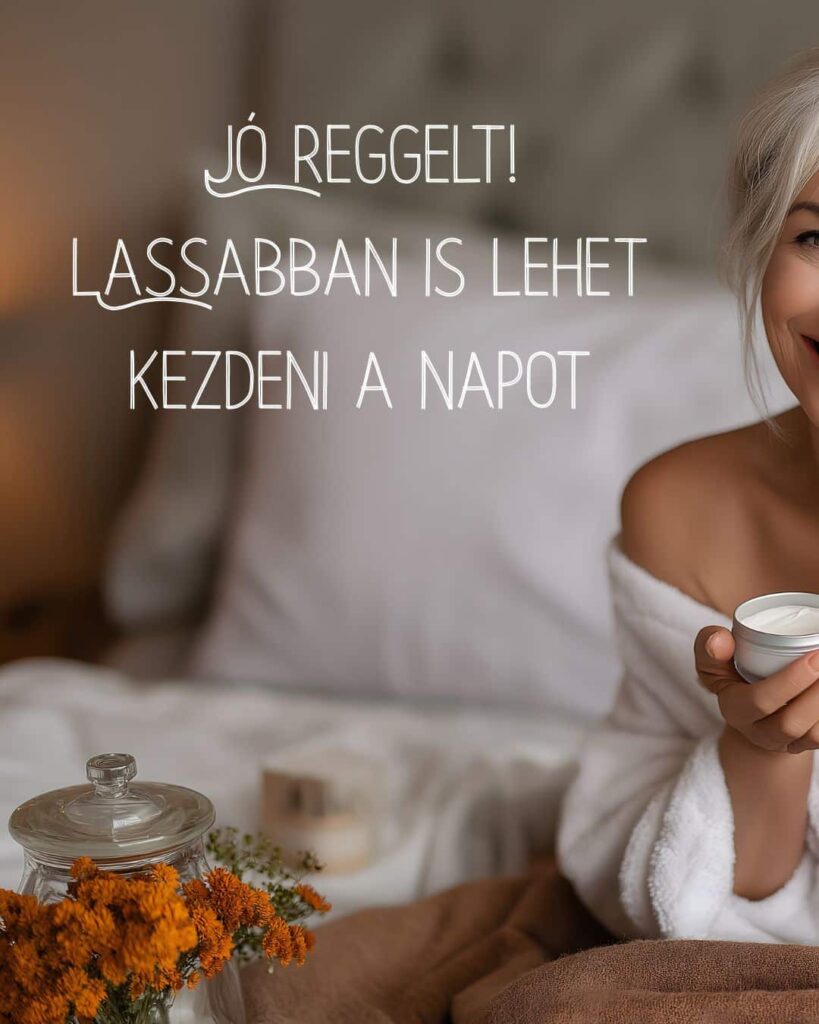 Jó reggelt kép, felirat lassabban is lehet kezdeni a napot. Ágy szélén ülő gyönyörű ősz hajú nő, kezében arckrém, mellette körömvirág csokor.