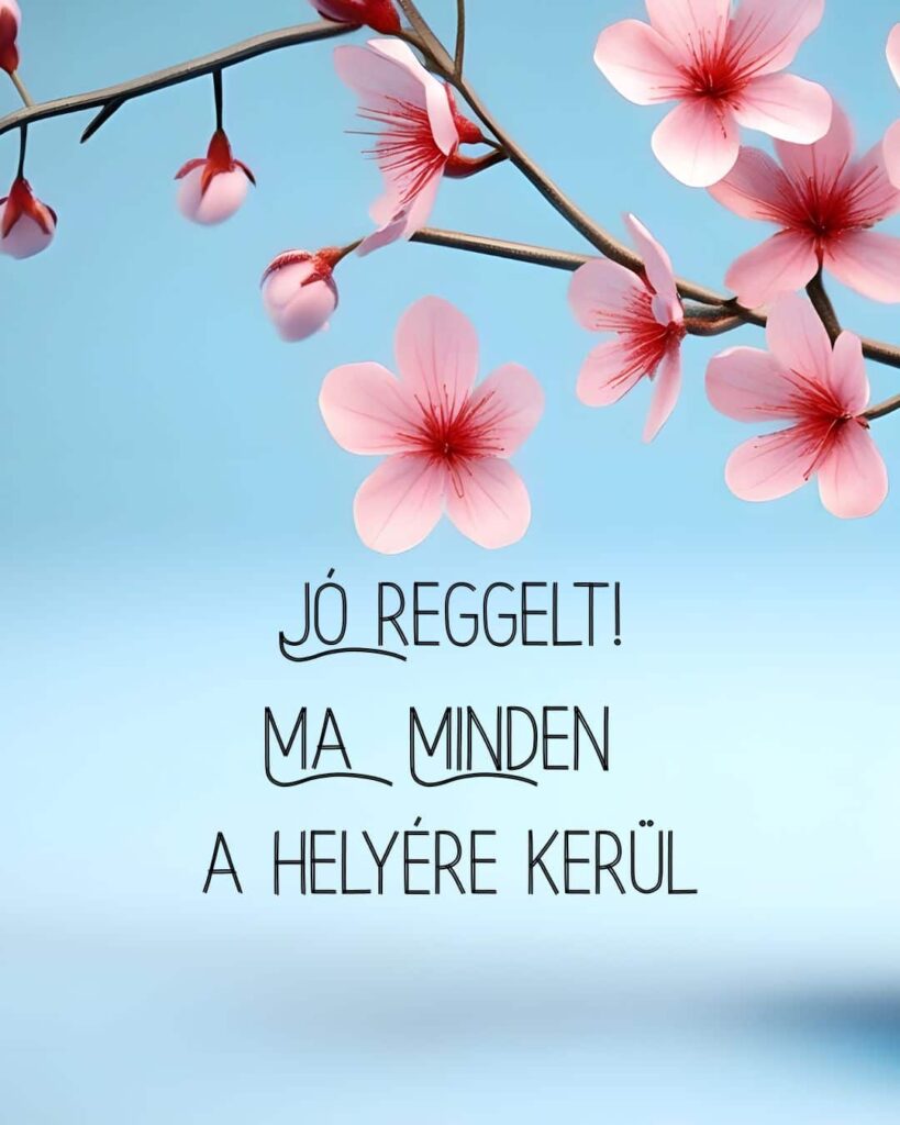 Motiváló jó reggelt kép, ma minden a helyére kerül felirat. Virágzó cseresznyefa, kék ég.
