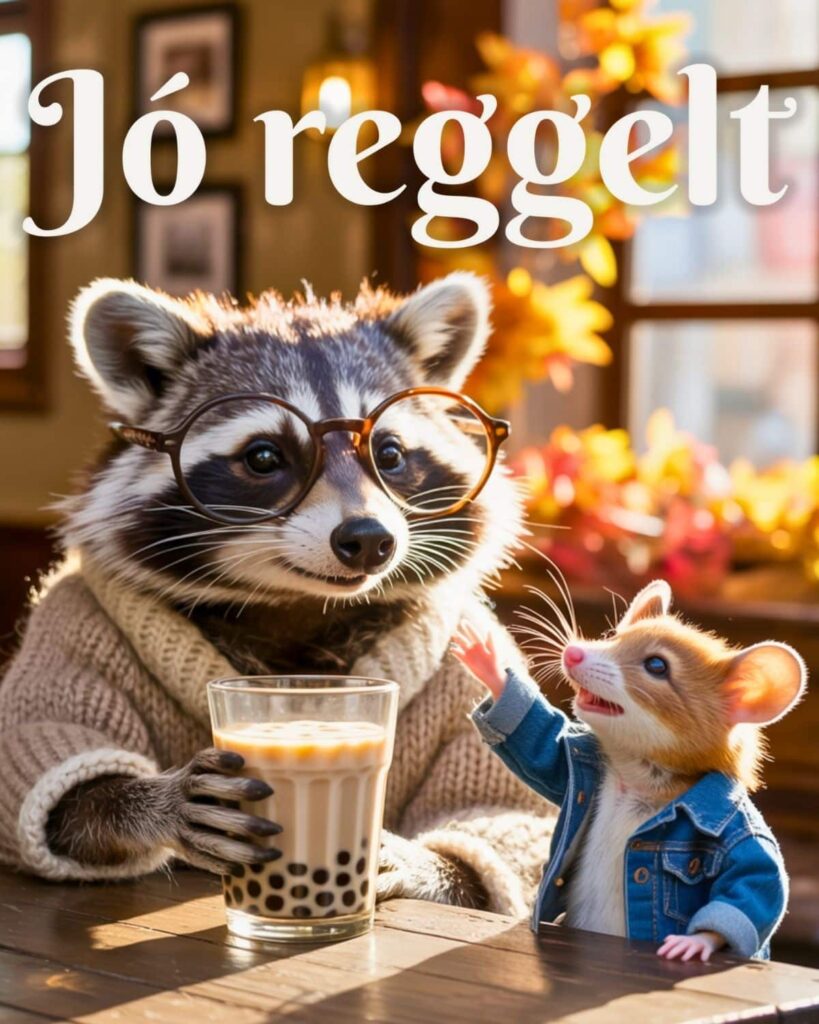 mesés, barátságos reggeli jelenet állatokkal