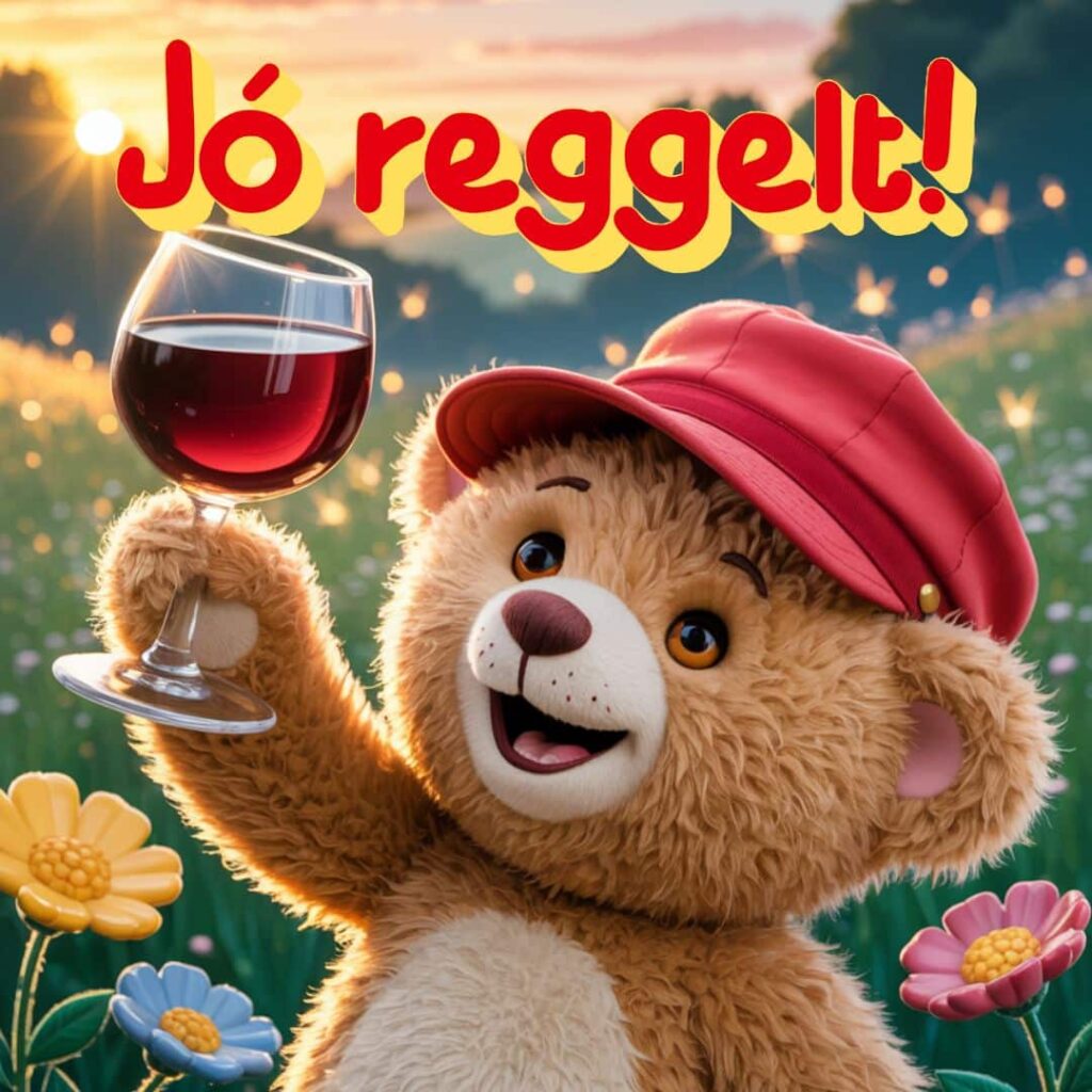 Mosolygós maci jó reggelt felirattal, vidám reggeli hangulatban