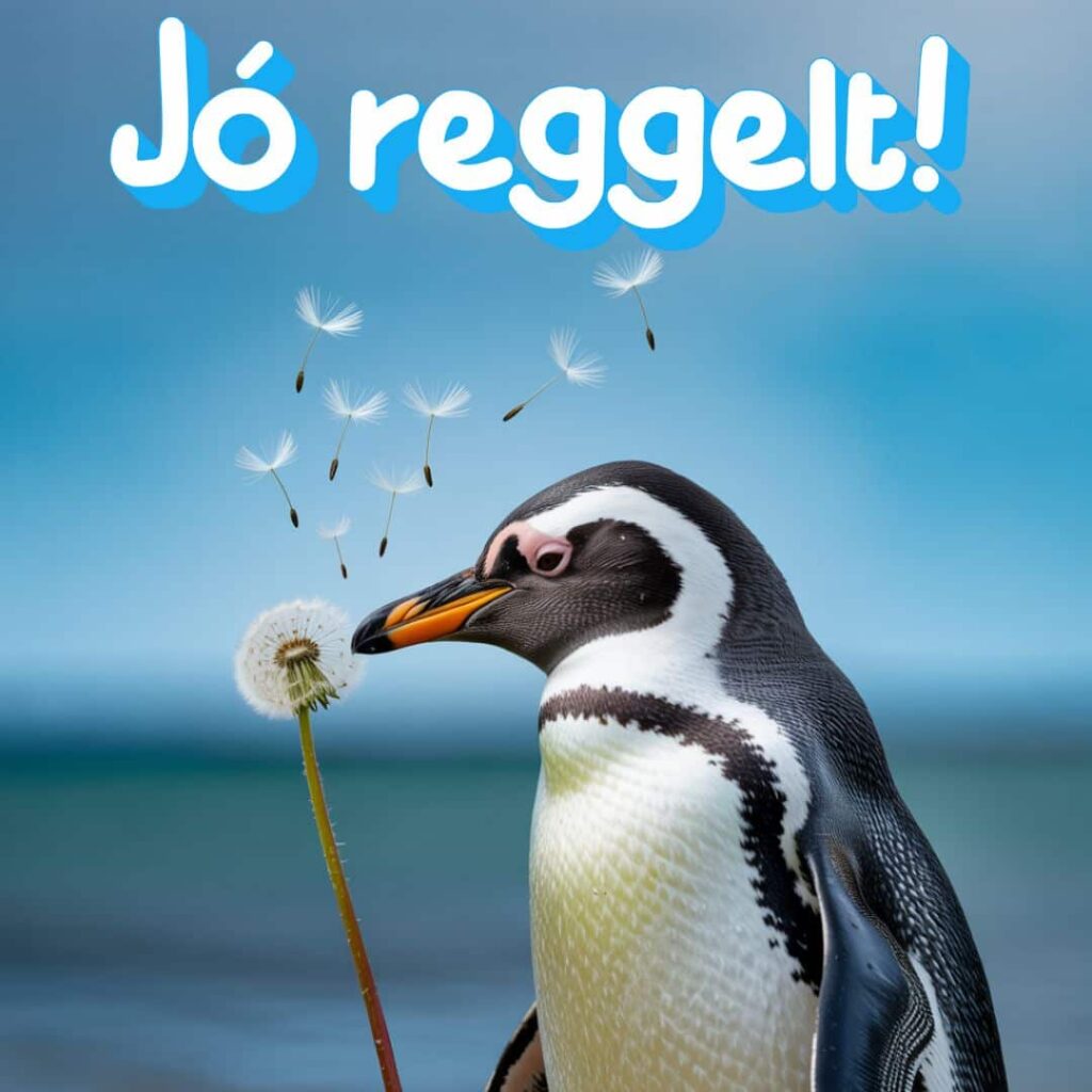 Pingvin virággal jó reggelt felirattal, kedves reggeli kép