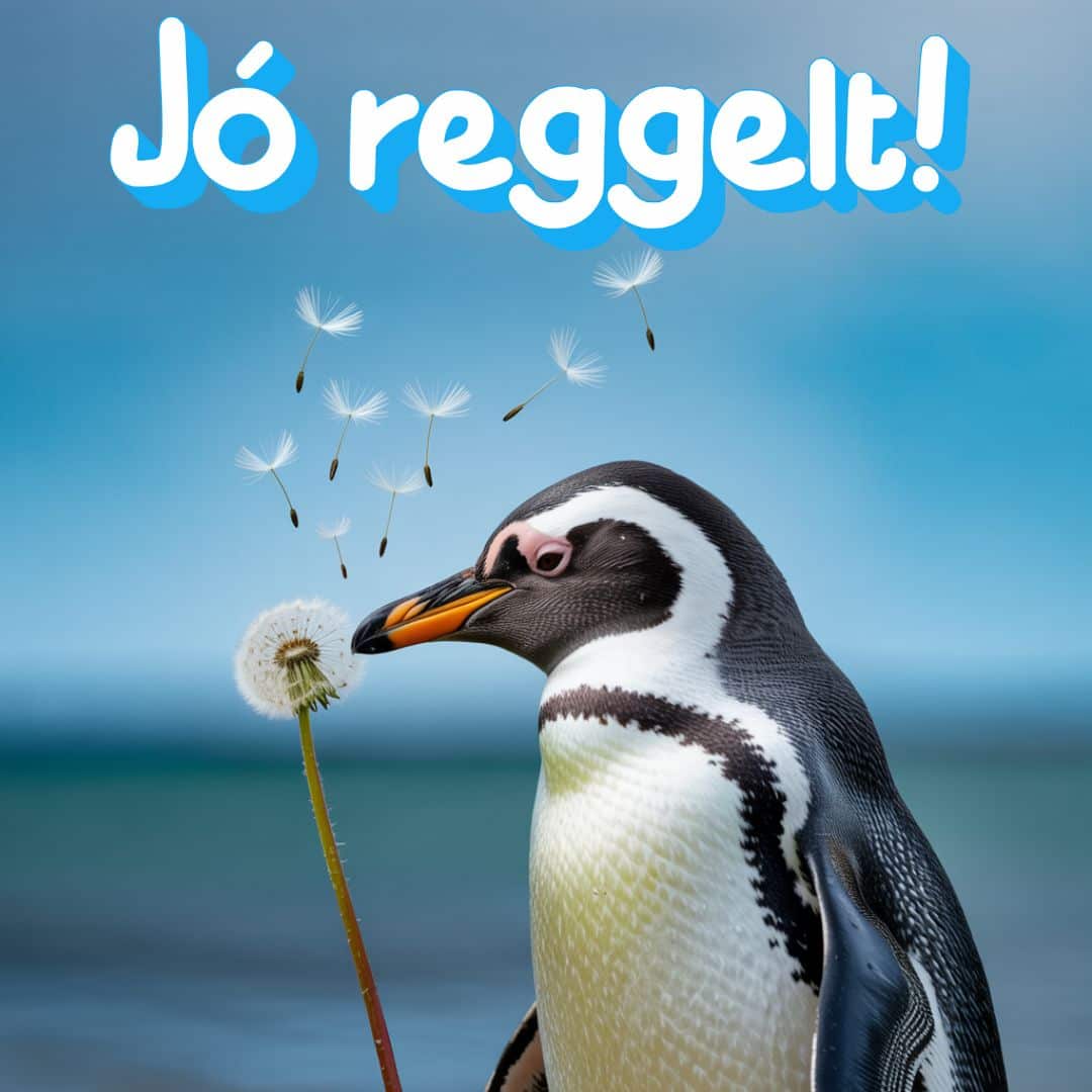 Pingvin virággal jó reggelt felirattal, kedves reggeli kép