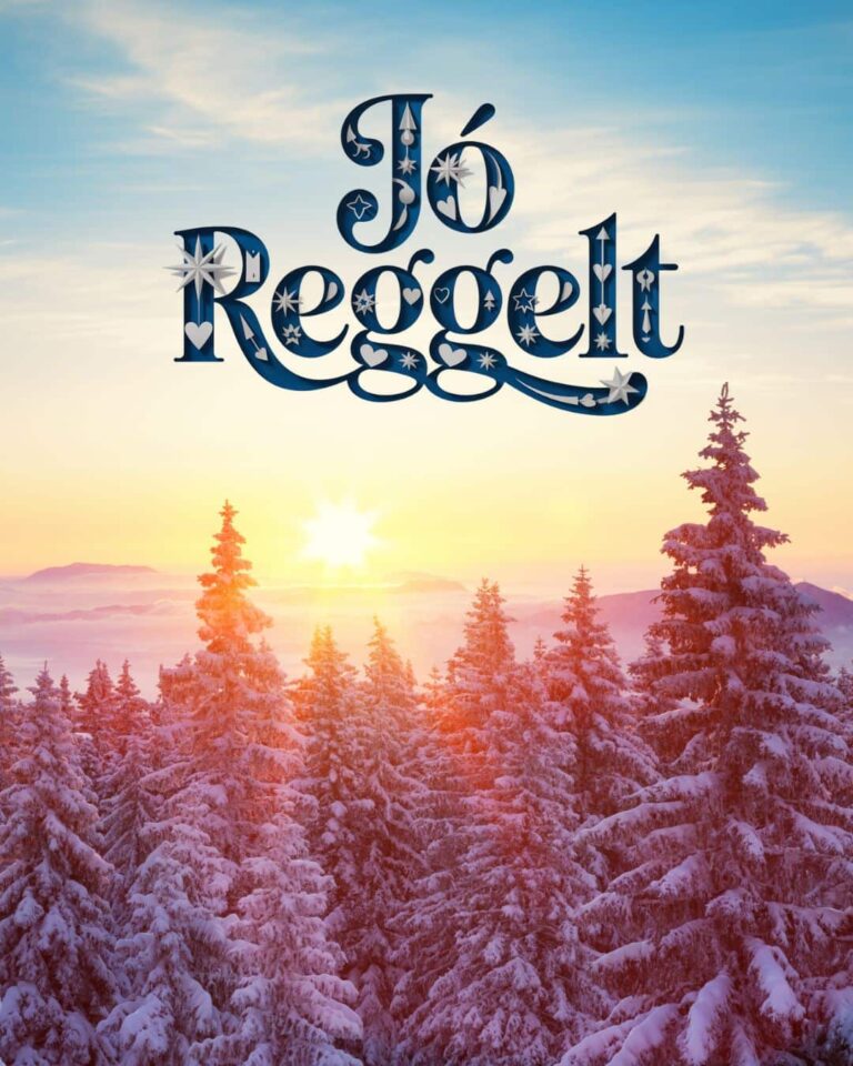 Havas jó reggelt, erdei táj télen, napnyugta vagy hajnal