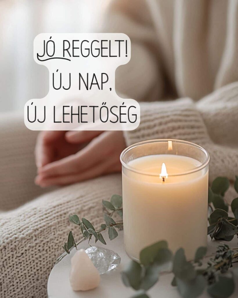 Jó reggelt kép motiváló felirattal. Új nap új lehetőség. Gyertya, kötött ruhás nő ül a fotelben, csak a keze látszik.