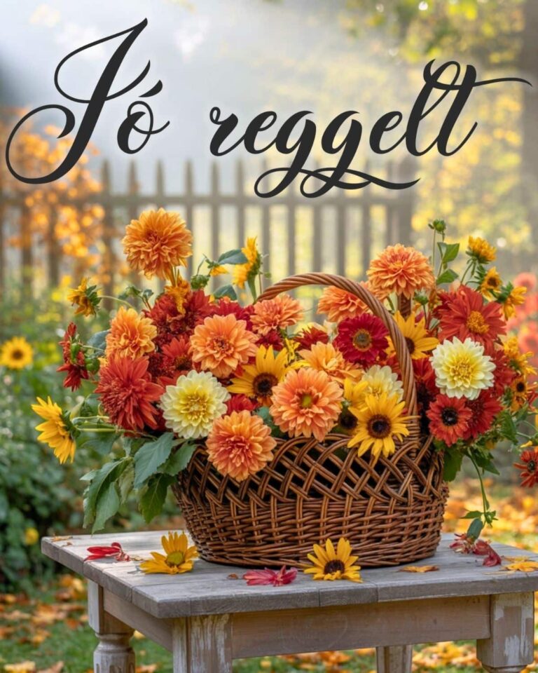 színes virágkosár reggeli kertben