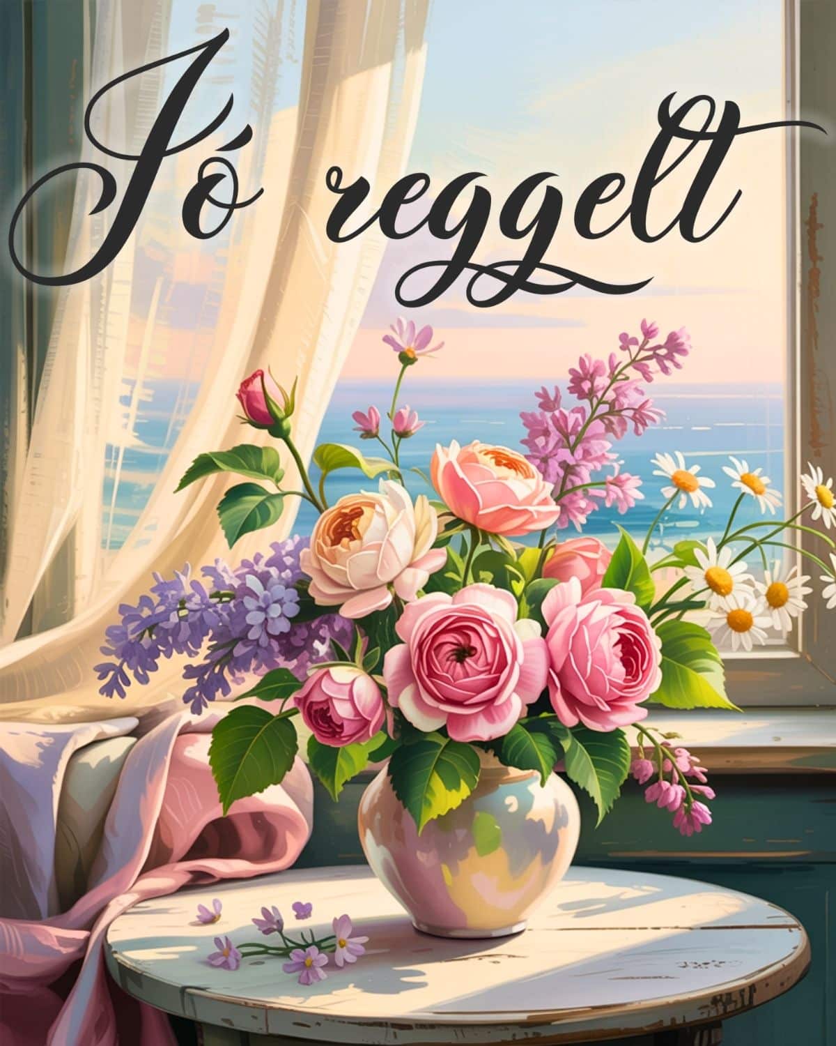 virágos asztal világos reggeli hangulattal