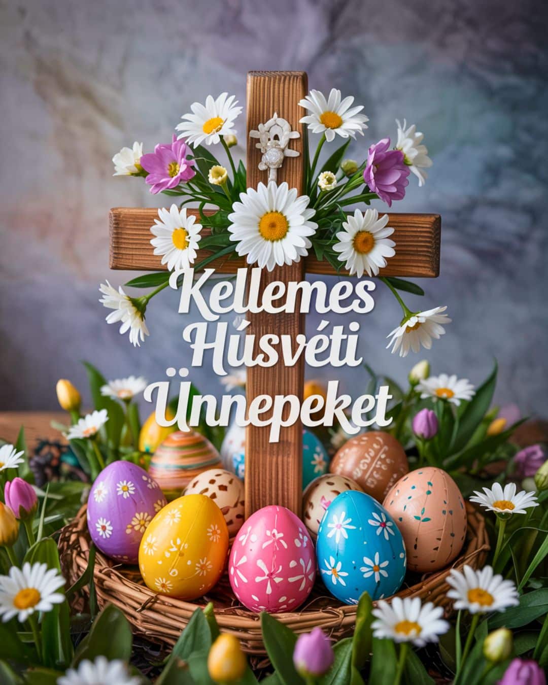 Vallásos húsvéti képeslap kereszttel és festett tojásokkal, kellemes húsvéti ünnepeket felirat