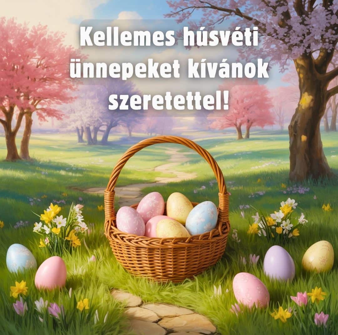 Húsvéti képeslap tojásos kosárral és Kellemes húsvéti ünnepeket kívánok szeretettel! üzenettel