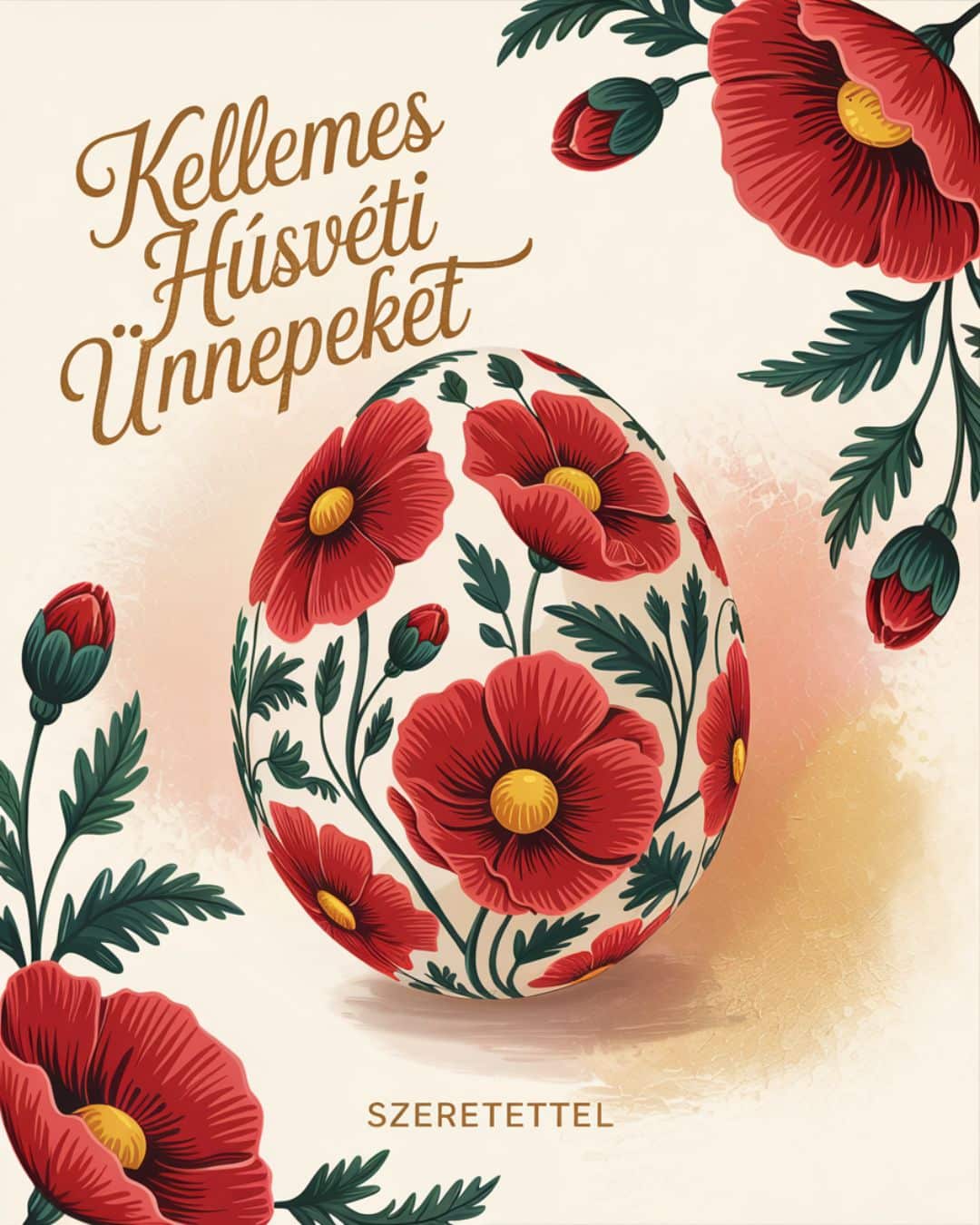 Húsvéti képeslap pipacsos tojással, Kellemes húsvéti ünnepeket szöveggel
