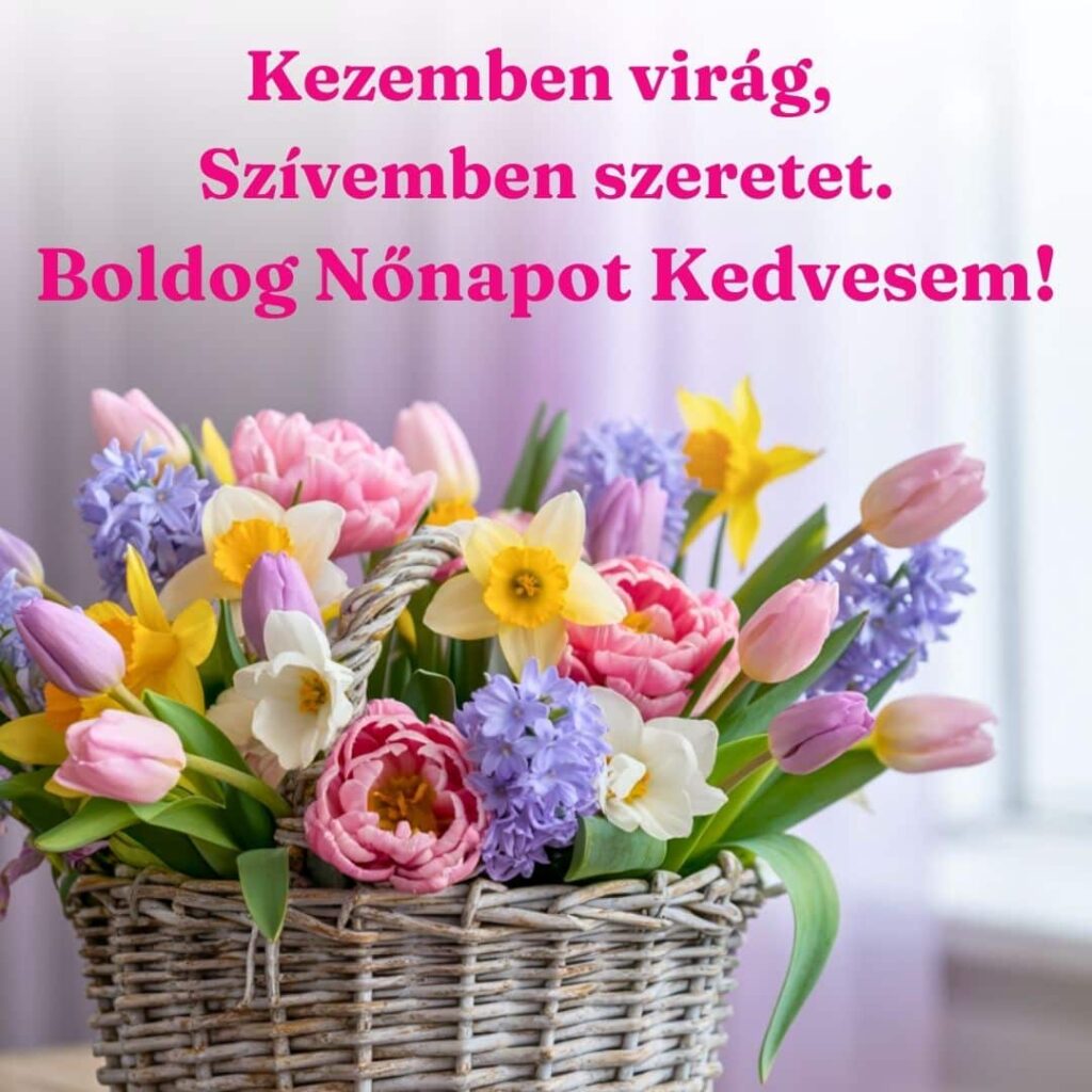 Nőnapi vers Kezemben virág, Szívemben szeretet. Boldog Nőnapot Kedvesem! Virágcsokor kosárban