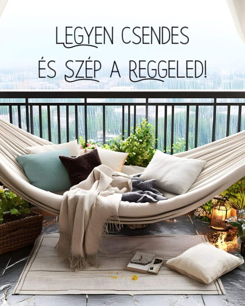 Legyen csendes és szép a reggeled feliratú jó reggelt kép. A háttérben függőágy párnákkal a teraszon, meleg nyári nap, esik az eső.