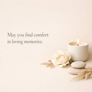 may you find comfort in loving memories sympathy message with candle and soft floral decor