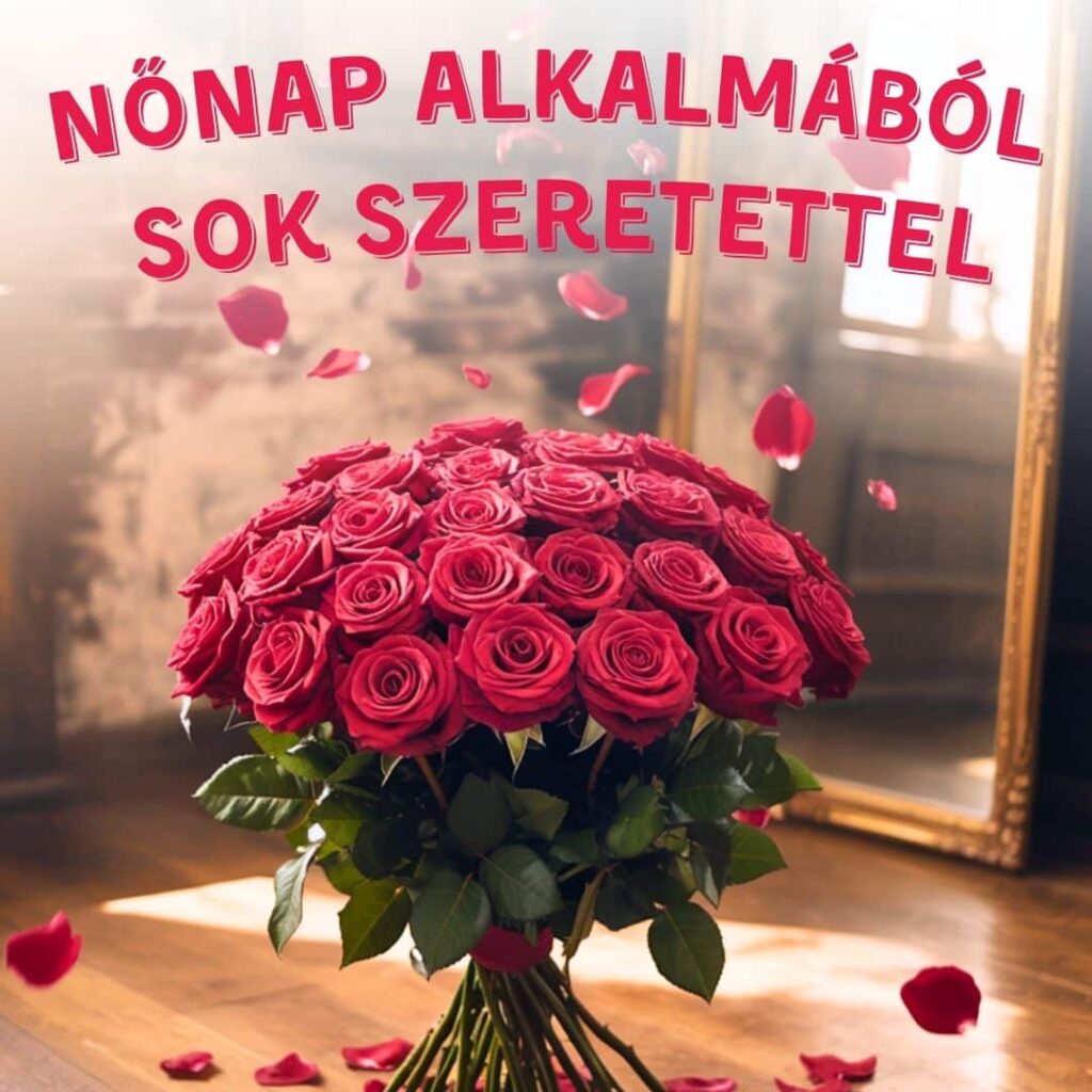 Nőnap alkalmából sok szeretettel köszöntő hatalmas rózsacsokorral