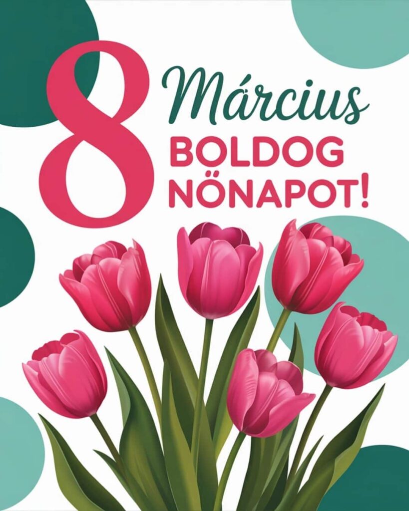 Hivatalos jellegű nőnapi köszöntő nemzetközi nőnapra március 8 boldog nőnapot kívánok felirattal. Visszafogott tulipános háttér.