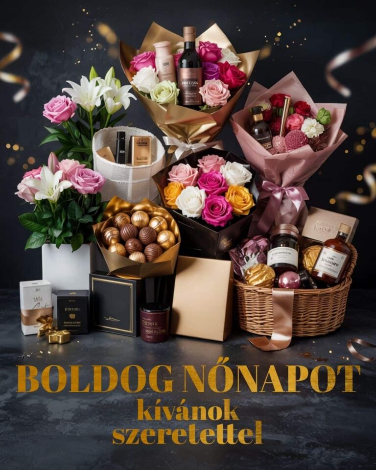 Luxus női ajándékcsomag, parfüm, virág, bonbon, csokoládé, arany színű boldog nőnapot kívánok szeretettel felirattal, nőnap köszöntő