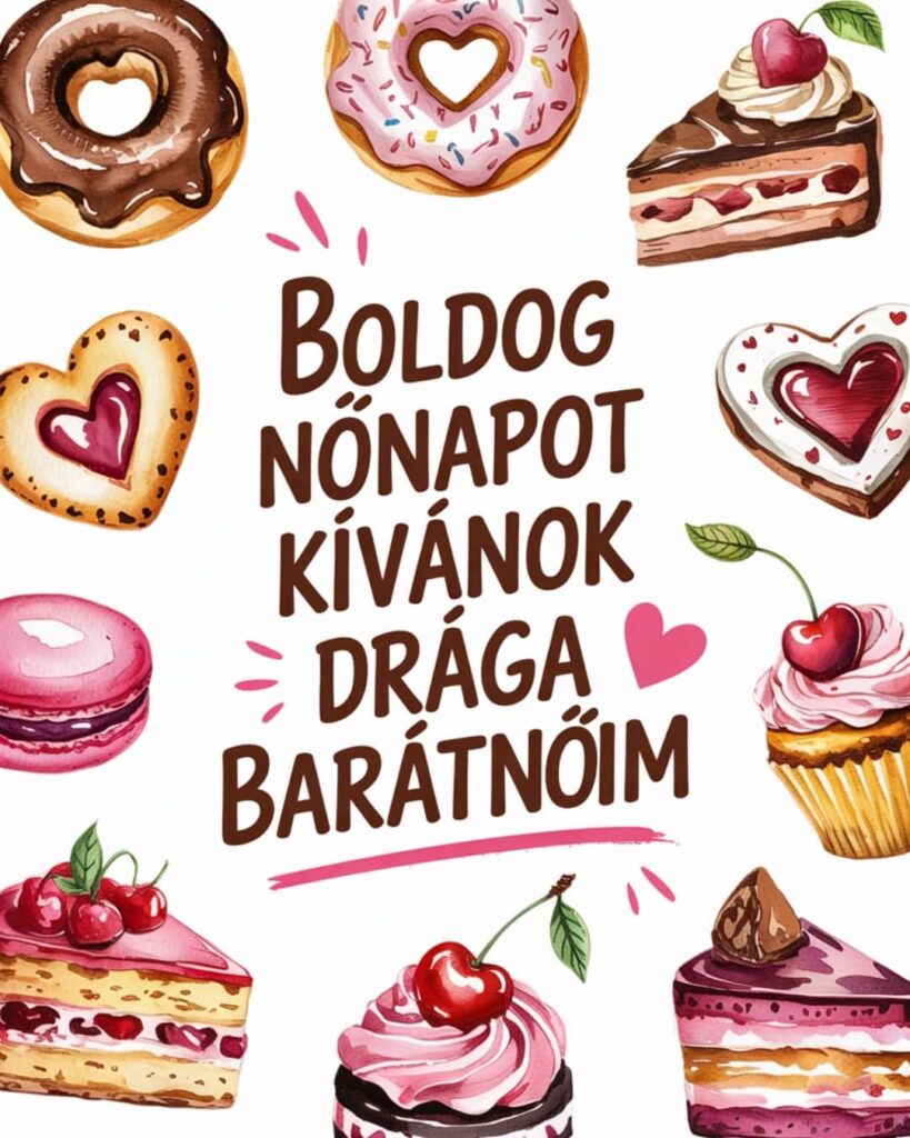 Vicces nőnapi köszöntő boldog nőnapot kívánok drága barátnőim felirat, csoki és süti háttér