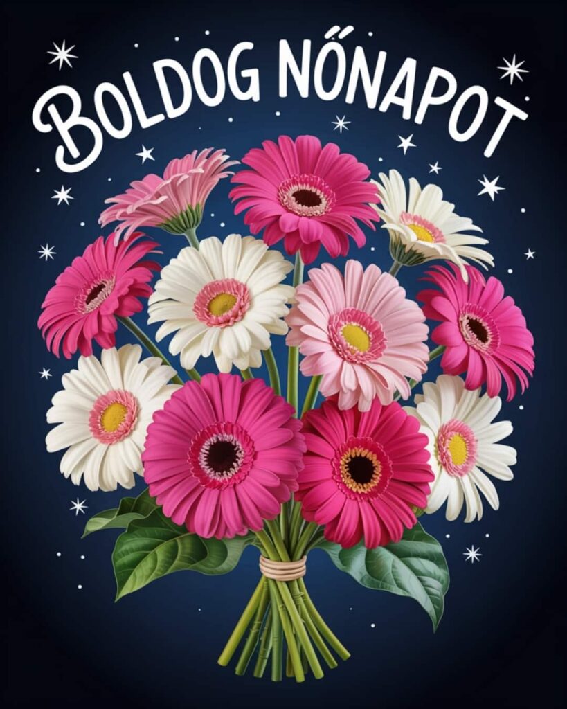 Nőnapi köszöntő, gerbera csokor, kék háttér, vidám boldog nőnapot felirat