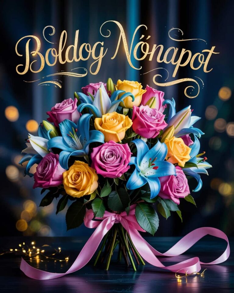 Nőnapi köszöntő képeslap, rózsaszín, kék és sárga virágok, boldog nőnapot felirat