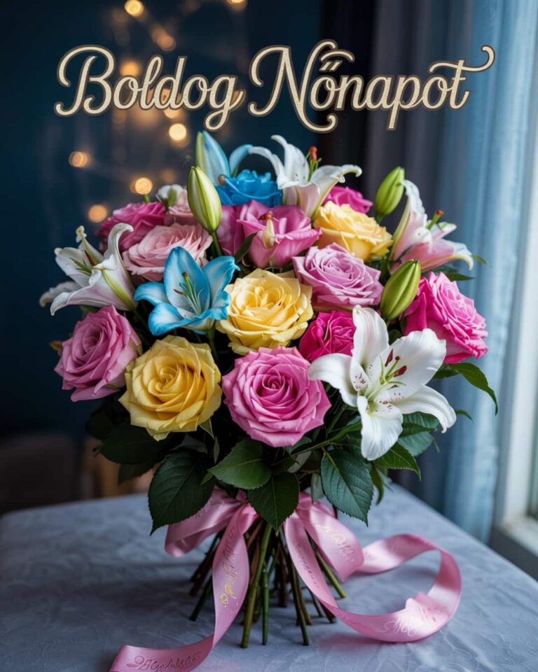 Nőnapi köszöntő színes virágcsokorral, boldog nőnapot felirat