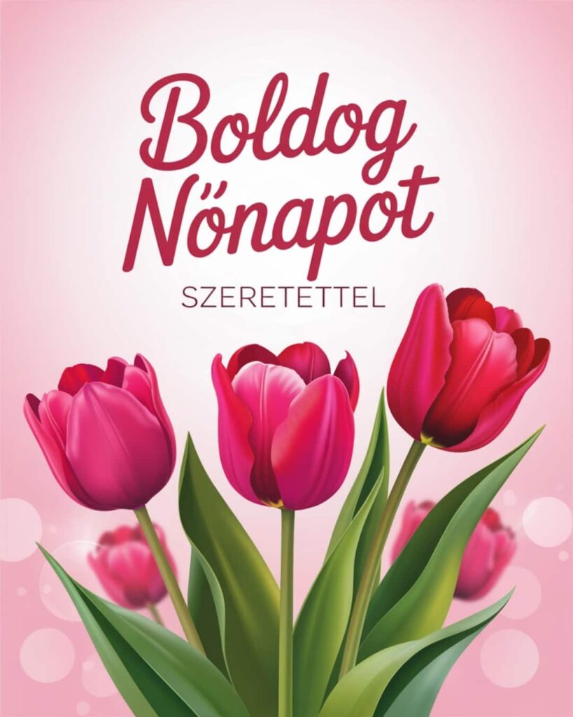 Nőnapi képeslap köszöntő, tulipán háttér, boldog nőnapot felirat