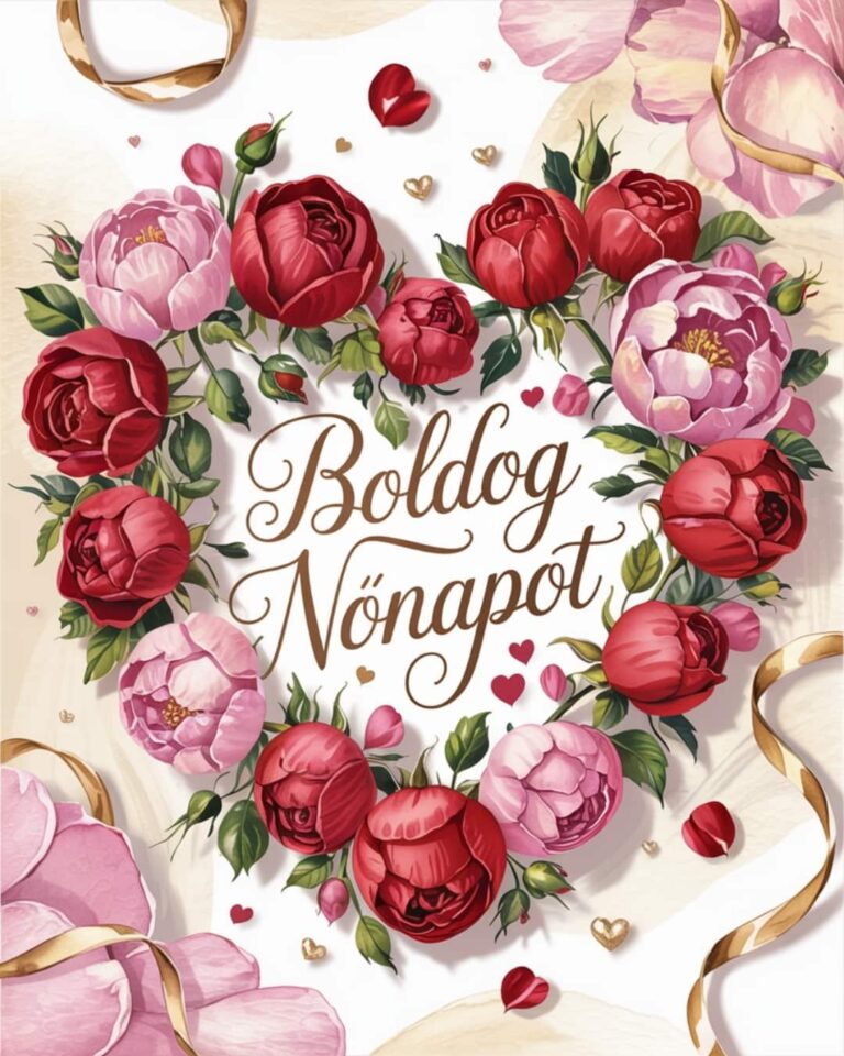 Vidám nőnapi köszöntő szív virágcsokorral, boldog nőnapot felirattal