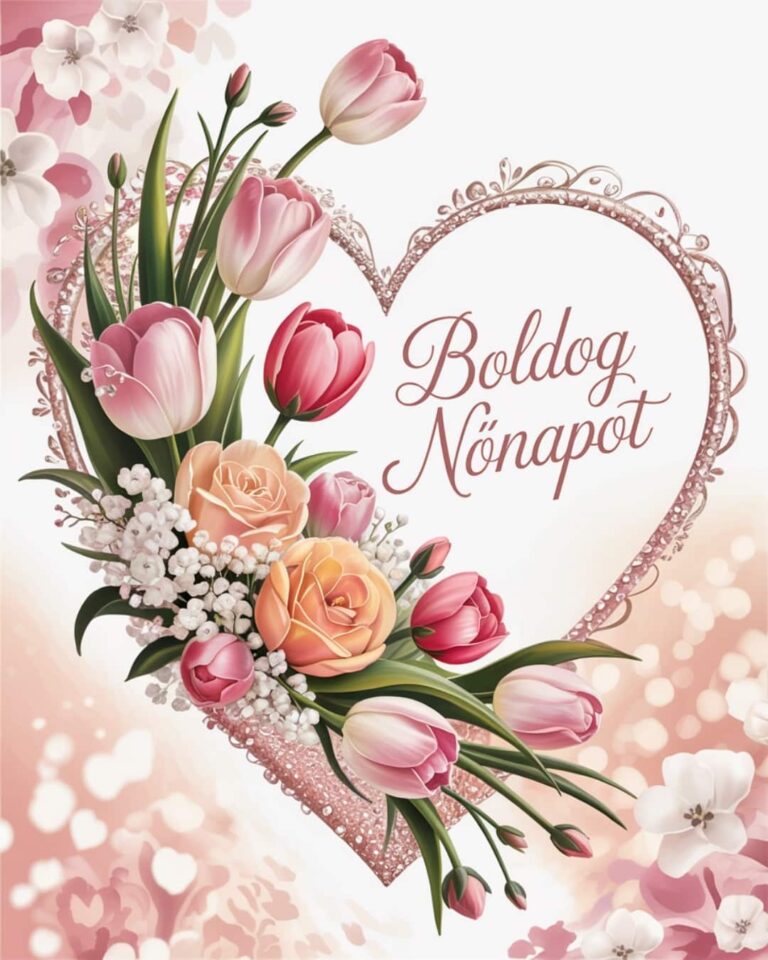 Nőnapi köszöntő képeslap, virágok tulipán és rózsa, boldog nőnapot felirat.
