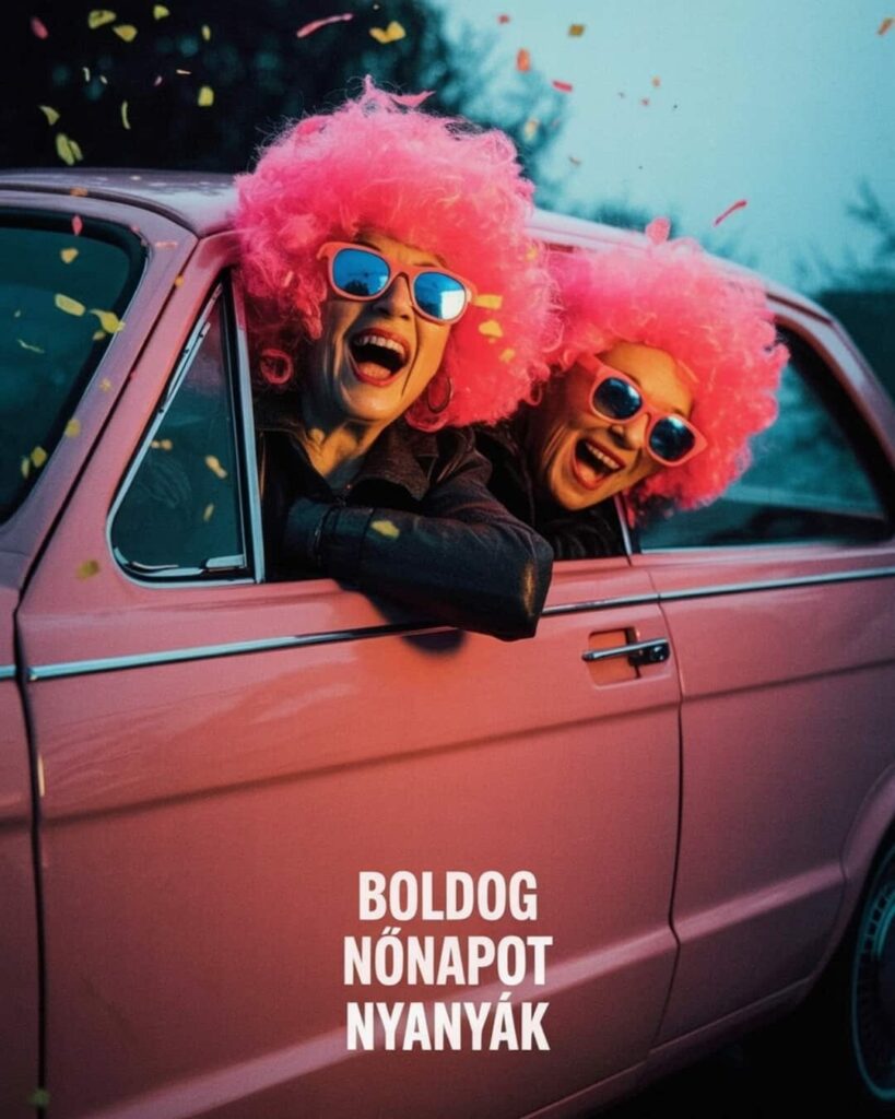 Vidám vicces nőnapi köszöntő, rózsaszín parókás idős nők autóban, boldog nőnapot nyanyák felirat