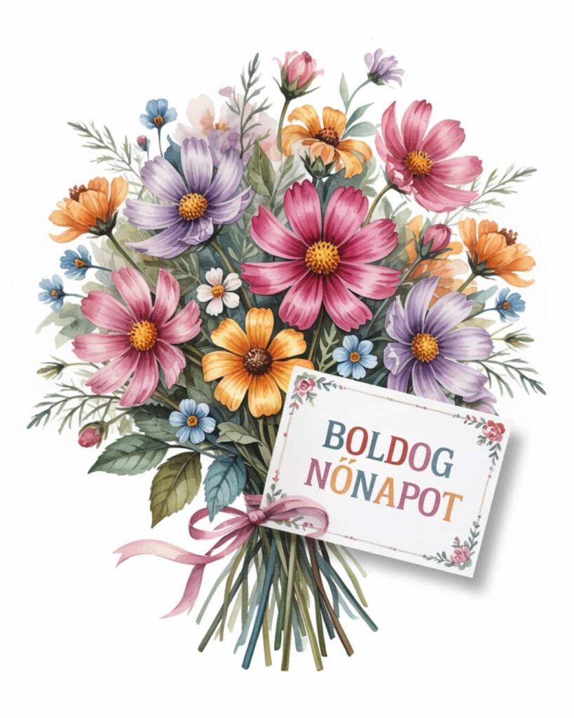 Nőnapi köszöntő nagy virágcsokor, boldog nőnapot felirat