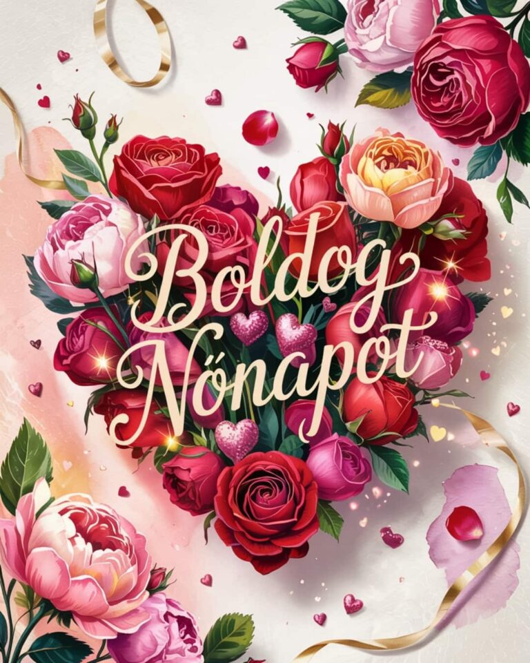 Vidám nőnapi köszöntő gyönyörű virágcsokorral, boldog nőnapot felirat