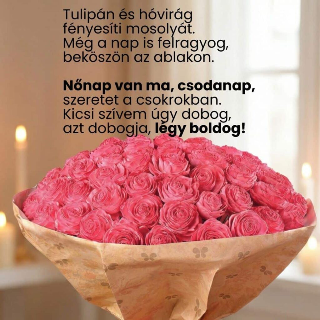 Nőnapi verses köszöntő "Nőnap van ma, csodanap,
szeretet a csokrokban.
Kicsi szívem úgy dobog,
azt dobogja, légy boldog!"