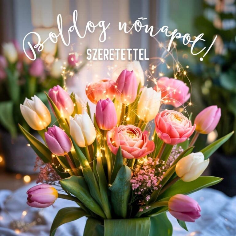 Nőnapi köszöntő tulipáncsokorral, Boldog nőnapot szeretettel felirattal