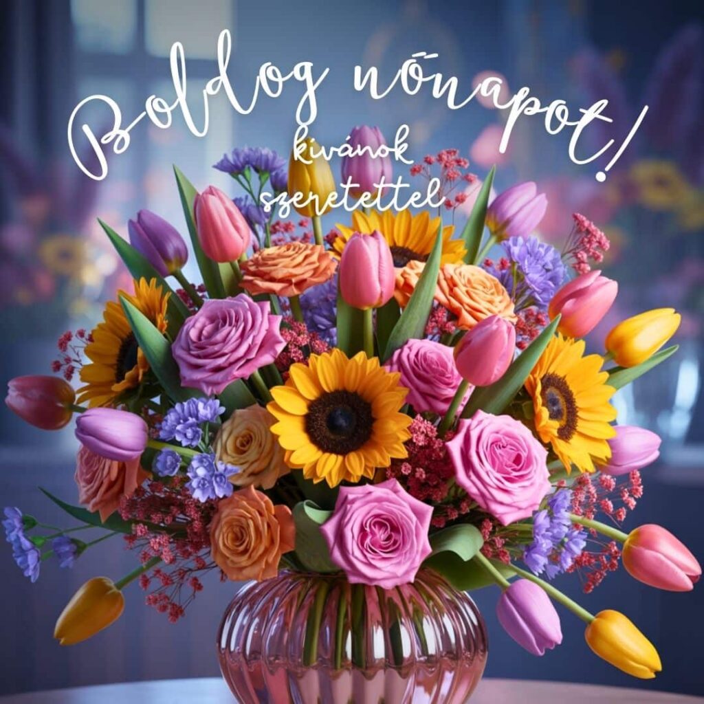 Nőnapi kép virágcsokorral és Boldog nőnapot kívánok szeretettel felirat.