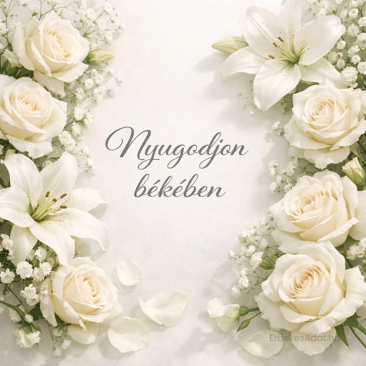 nyugodjon békében felirat fehér virágos koszorú háttéren