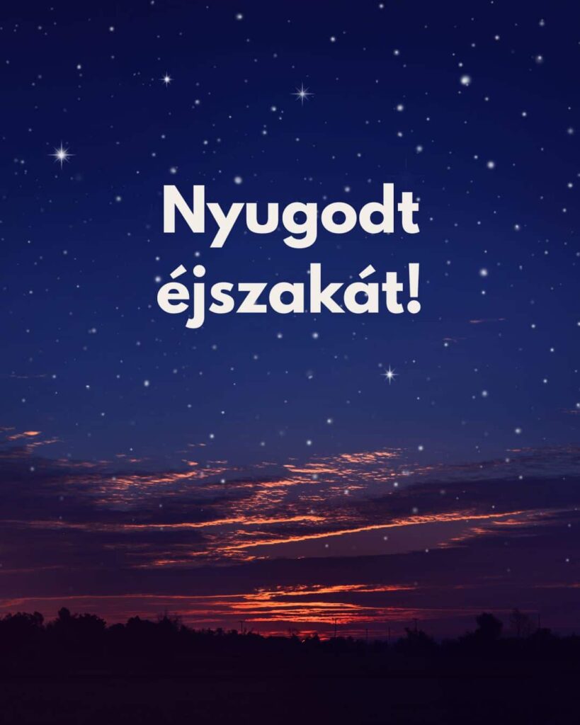 Jó éjszakát kép Nyugodt éjszakát felirattal. Piros felhős naplemente, ragyogó csillagok