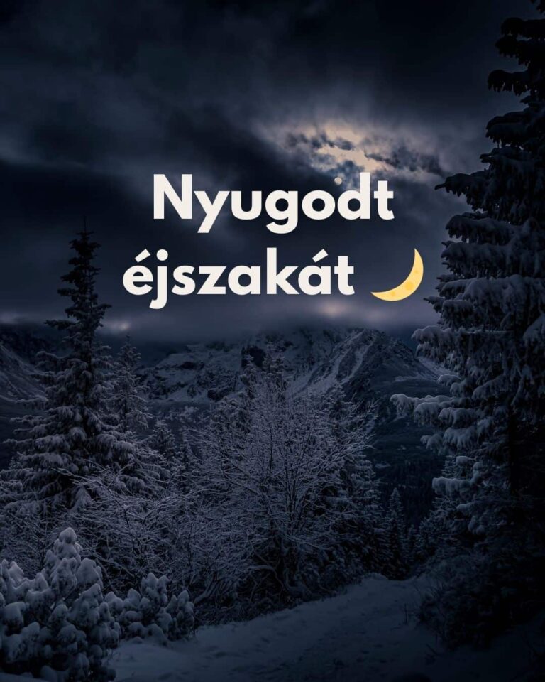 Jó éjszakát képeslap Nyugodt éjszakát felirattal, havas hegyi táj, csillagos ég