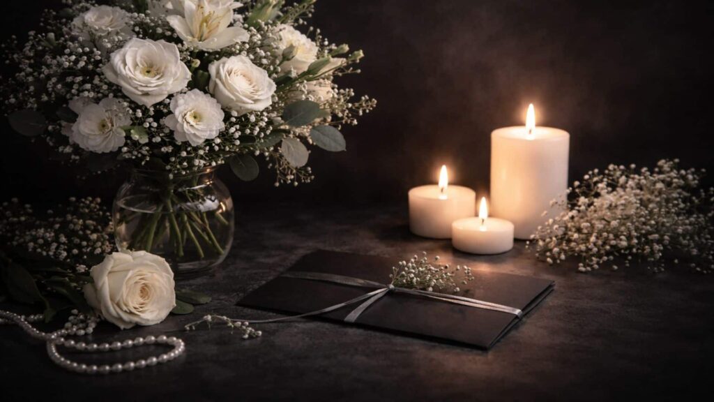 Fehér virágok és gyertyák gyász hangulatban, részvétnyilvánító képeslap mellett