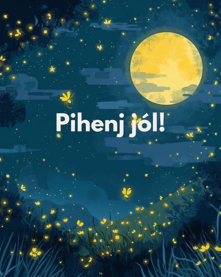 Pihenj jól feliratú esti képes üzenet, rajzolt háttér, csillagos kék ég, telihold, szentjánosbogarak
