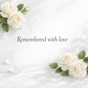 remembered with love sympathy message with white roses on soft background