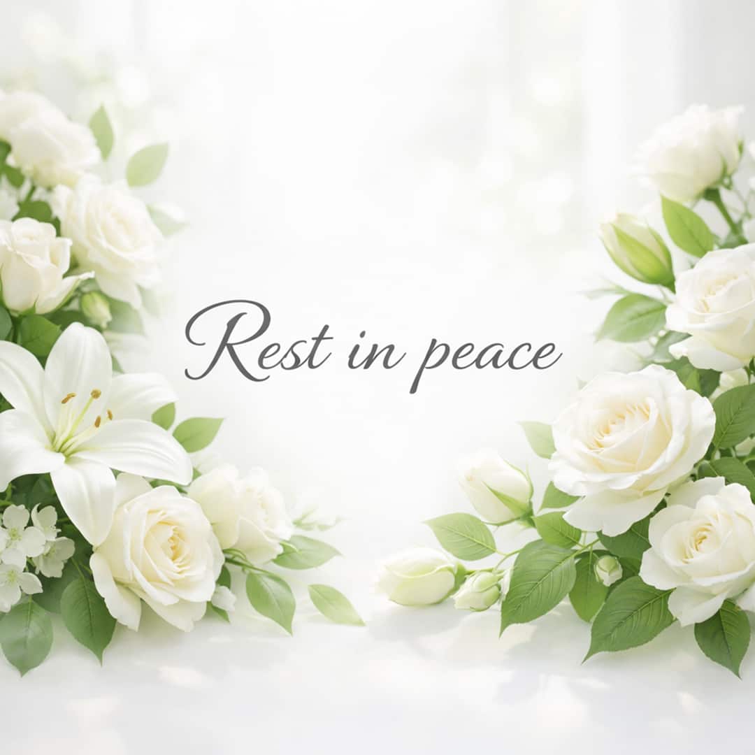 rest in peace sympathy message with white flowers on light background